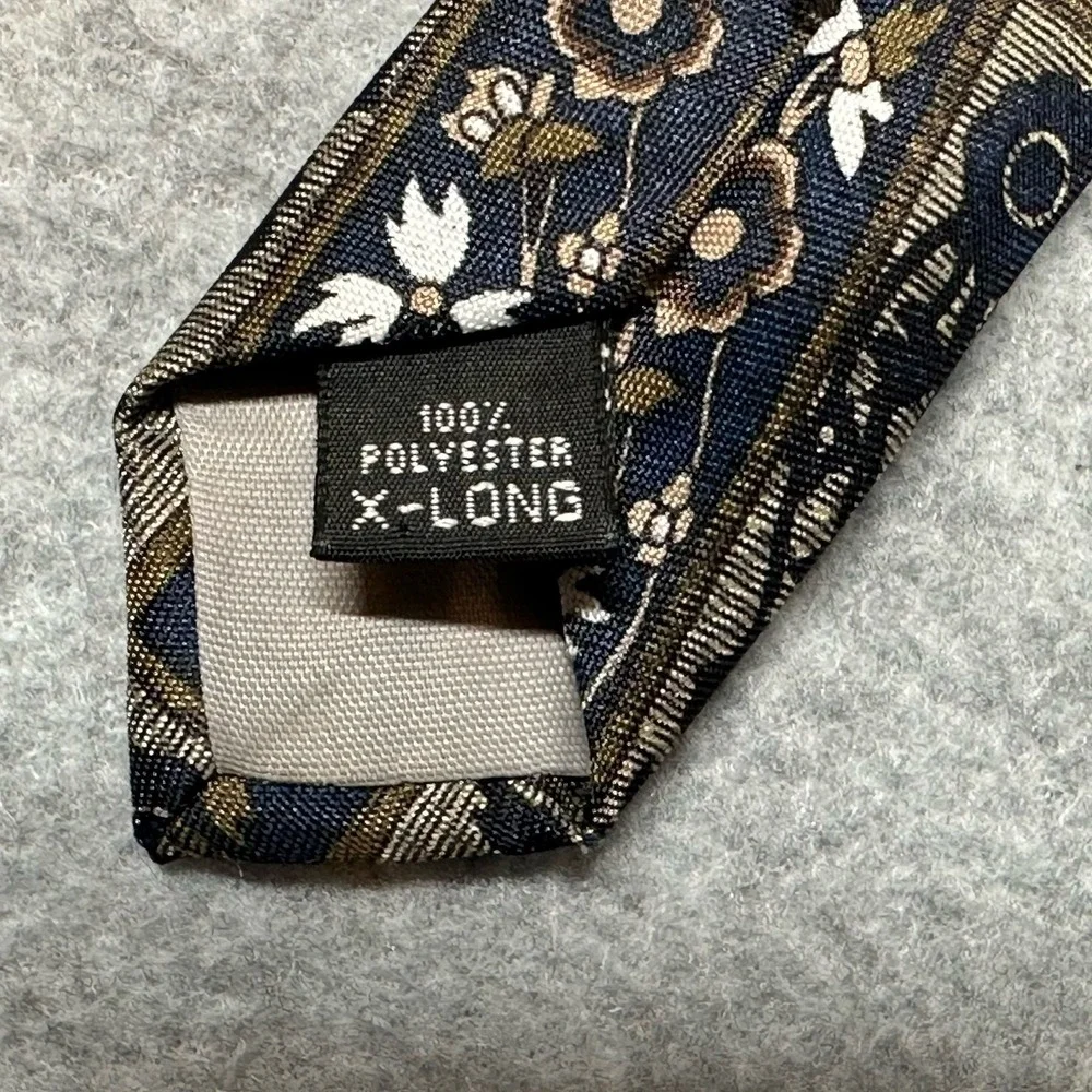 Adolfo XL Vintage Tie Geometric Floral Blue Brown Polyester 64x3.75in